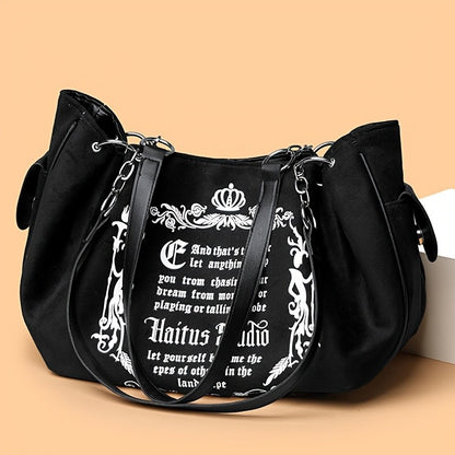Letter Print Faux Suede Women Handbag Shoulder Bag, Retro Large Capacity Tote Bag for Daily Commuting and Hand-Carry.Pumpkin Bag