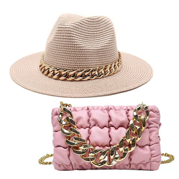 Set Straw Hat and Bag Set Gold Chain Bag Hat Set Ladies Leather Bag Tote Church Fedora Party Jazz Straw Hat