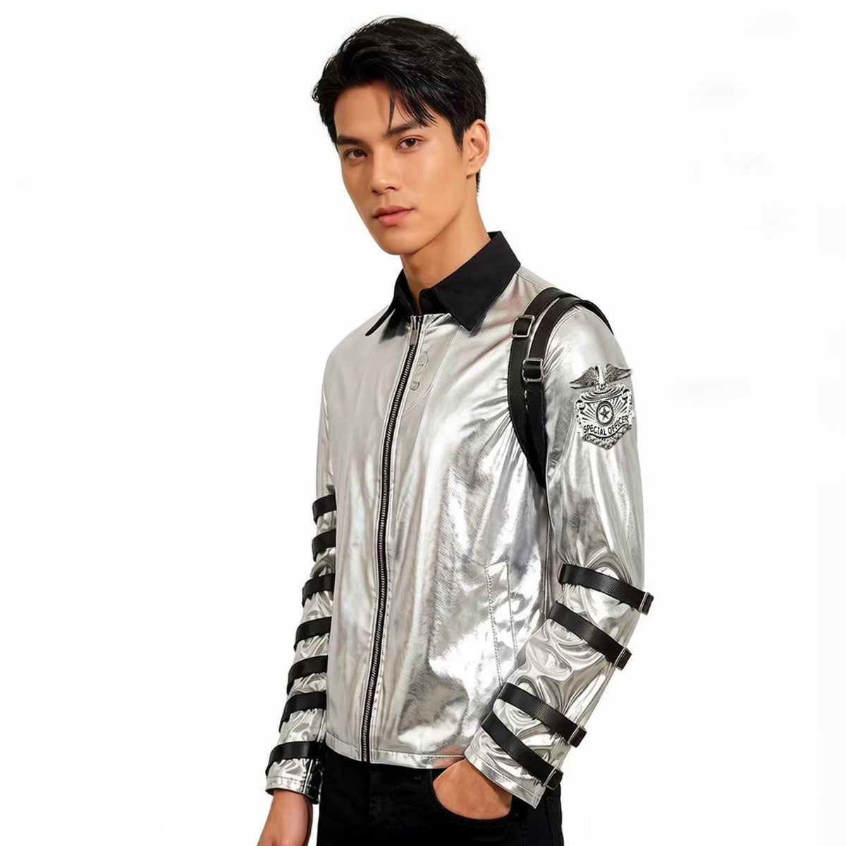 New In Stock: Michael Jackson Bad Era Silver Jumpsuit. Retro Rock Star Stage Performance Bodysuit & Top
