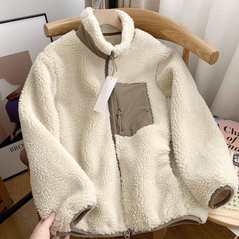 Autumn and Winter Japanese Men's and Women's Fleece Stand Neck Jacket Couple Zipper Loose Warm Lamb Wool Coat Solid Color Jacket