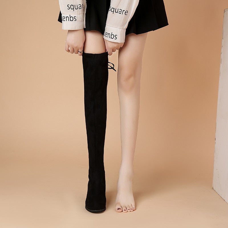 Spring New Fashion Slim Thick High Heels Flock Women Over-the-Knee Long Modern Stretch Boots Winter Long Boots D252