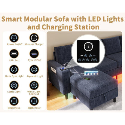 Smart Sectional Couches for Living Room, 4 Seat U/L Shaped Sectional Sofa with RGB Light/Charging, Modern Living Room Furniture