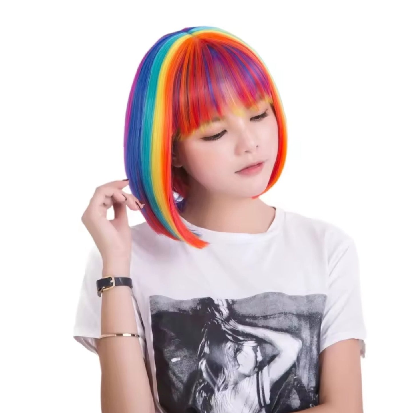 Colorful Bob Hairstyle Wig Suit Airy Bangs Rainbow Halloween Cosplay Short Hair  Synthetic Wig Halloween, Christmas costumes