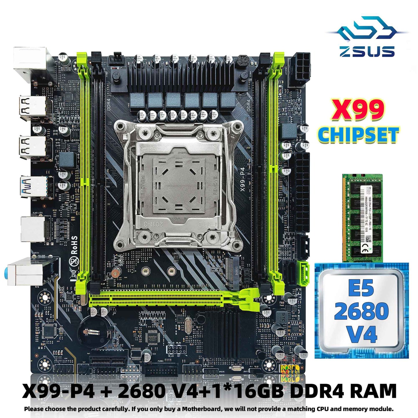 Kit Placa Mãe ZSUS X99 P4 com Processador Intel LGA2011-3 Xeon E5 2680 V4 Memória RAM DDR4 16GB (1*16GB) 2133MHZ NVME M.2 SATA