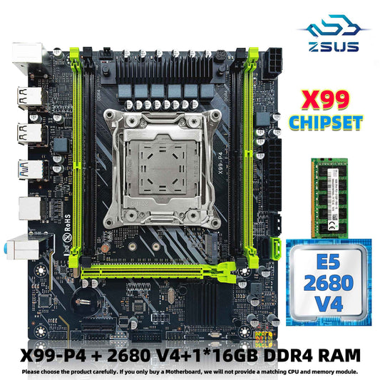 Kit Placa Mãe ZSUS X99 P4 com Processador Intel LGA2011-3 Xeon E5 2680 V4 Memória RAM DDR4 16GB (1*16GB) 2133MHZ NVME M.2 SATA