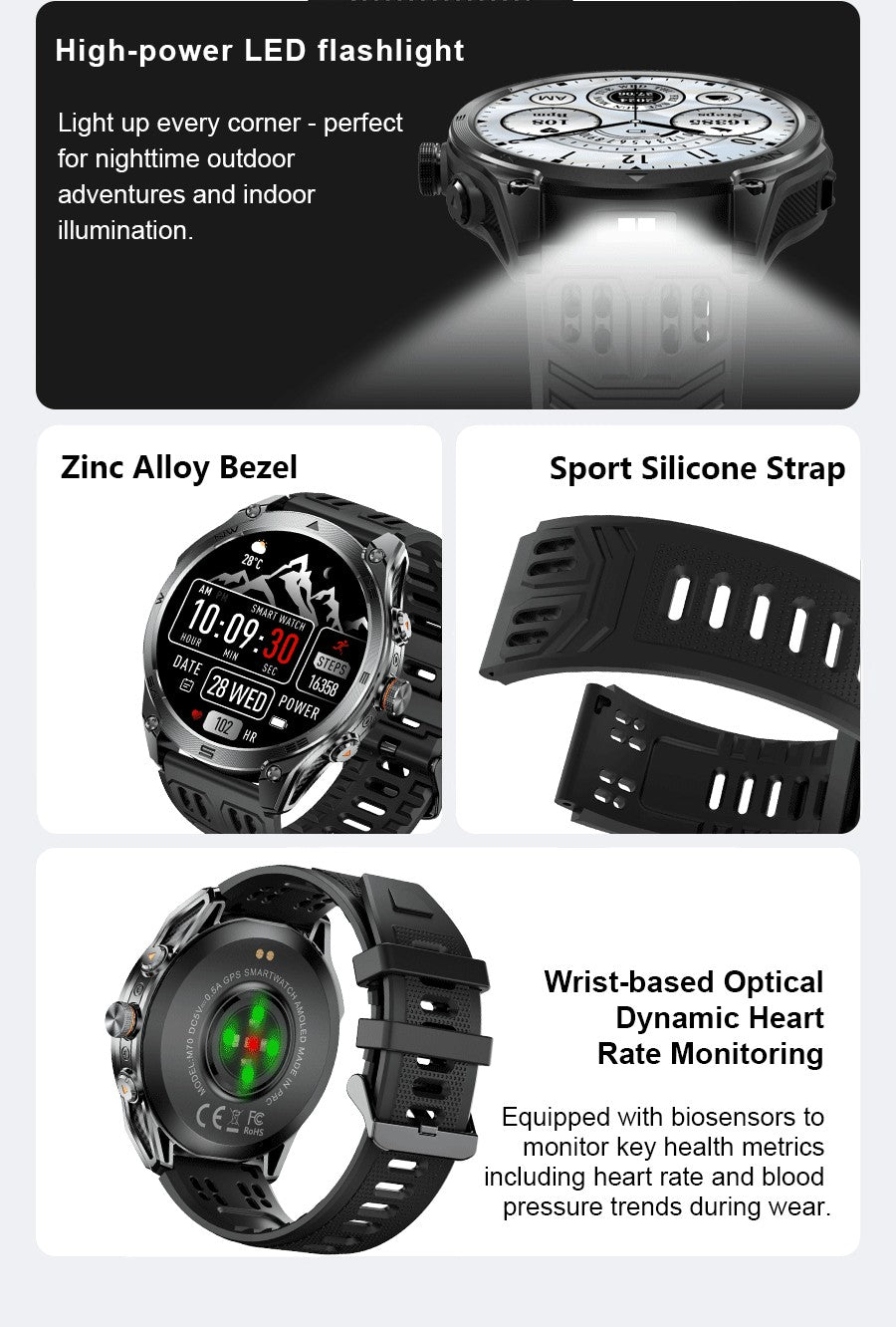 Novo Smartwatch GPS 2025 Bateria de 1000mAh Bússola 10ATM À Prova D'água Táticas Esportivas Lanterna Chamada BT Smart Watch Para Homens Para xiaomi