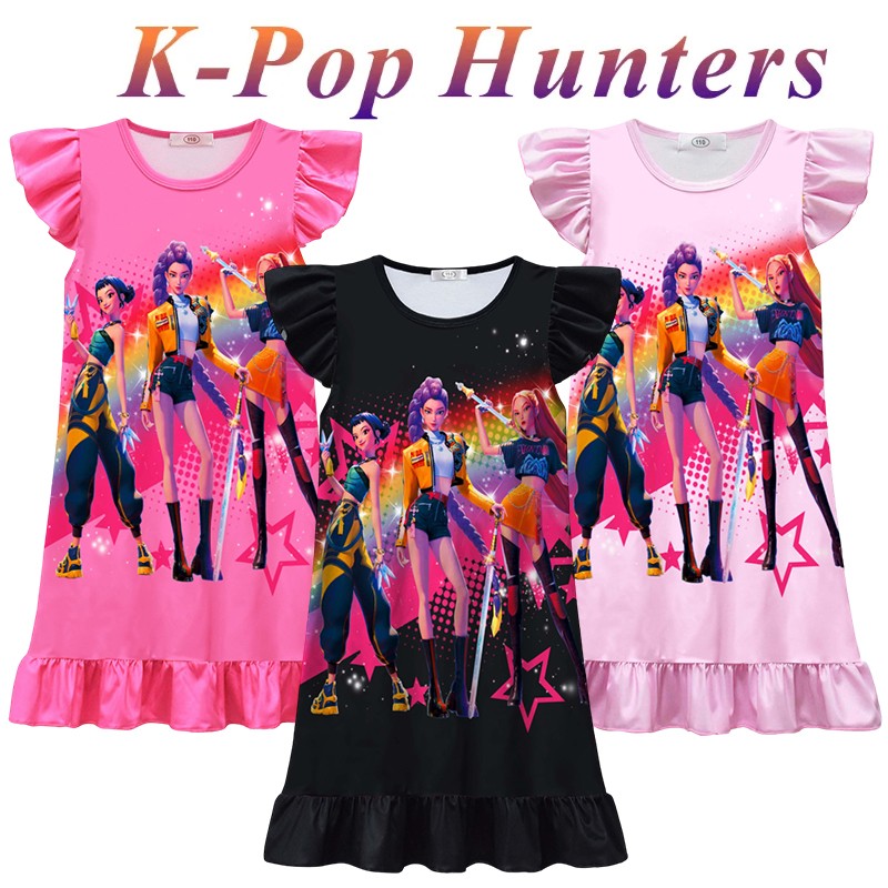 K-POP Demo Hunte Printed Sleeping Skirt Big Butterfly Sleeve Loose Pajamas Children Girls Sleeping Clothing Casual Home Wear