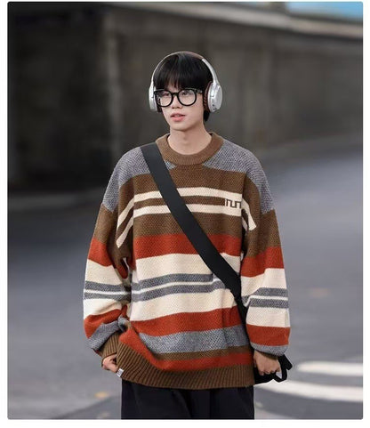Simple Versatile Trendy Men's Crew Neck Sweater Contrasting Stripes Casual Loose Neutral Style Pullover