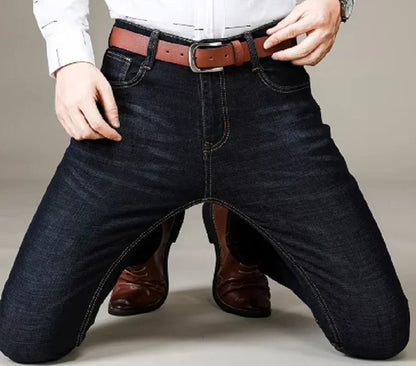 2025 Autumn Classic Men's Fitted Stretch Jeans Business Casual Cotton Denim Straight Leg Pants Male Black Blue Trousers