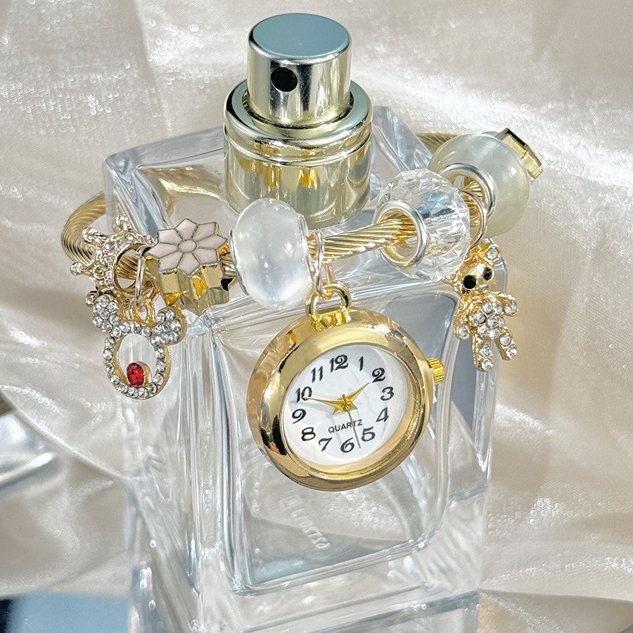 Cross-border Gold Bracelet Watch Adjustable opening Alloy bracelet Quartz Watch Beaded Small flower bracelet Watch