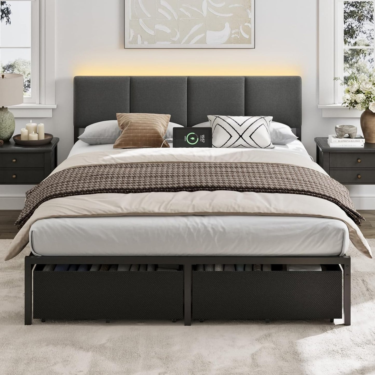 Furnulem Full Size Bed Frame with Headboard,Upholstered Bed Full with LED Light,USB Charging Station,Platform Bedframe