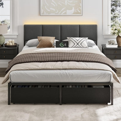 Furnulem Full Size Bed Frame with Headboard,Upholstered Bed Full with LED Light,USB Charging Station,Platform Bedframe
