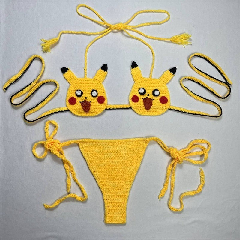 Kwaii Pikachu Girls Sexy Swimsuit Handmade Crochet Cute Bikinis Set 2pcs Womens Swimming Suit String Bikini Thongs Bathing Suit