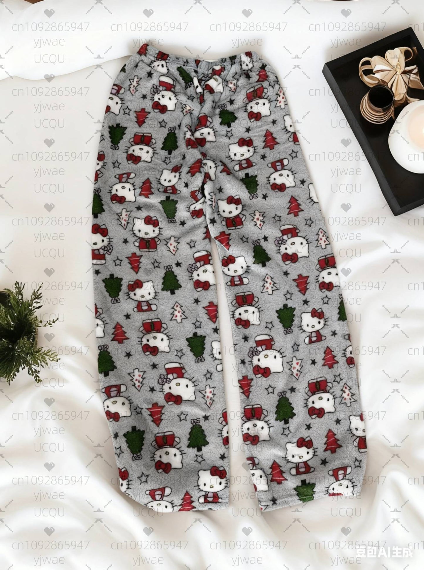 2025 Winter Women Hello Kitty Christmas Tree plush Pajama Pants Soft Trousers Cute Women Casual Home Anime Cartoon  Pajama Pants