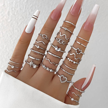 Conjunto de Anéis Articulados de Onda Simples de Moda para Mulheres Anel Feminino de Cor Ouro Prata em Formato de Coração de Cristal Joias de Festa