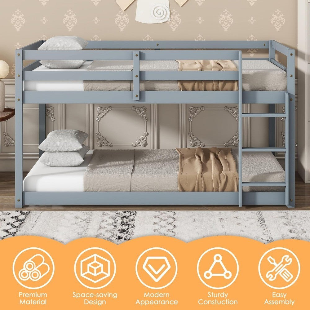 Bunk Bed Twin Over Twin, Wood Low Profile Floor Twin Bunk Beds with Ladder Guardrails , No Box Spring Needed