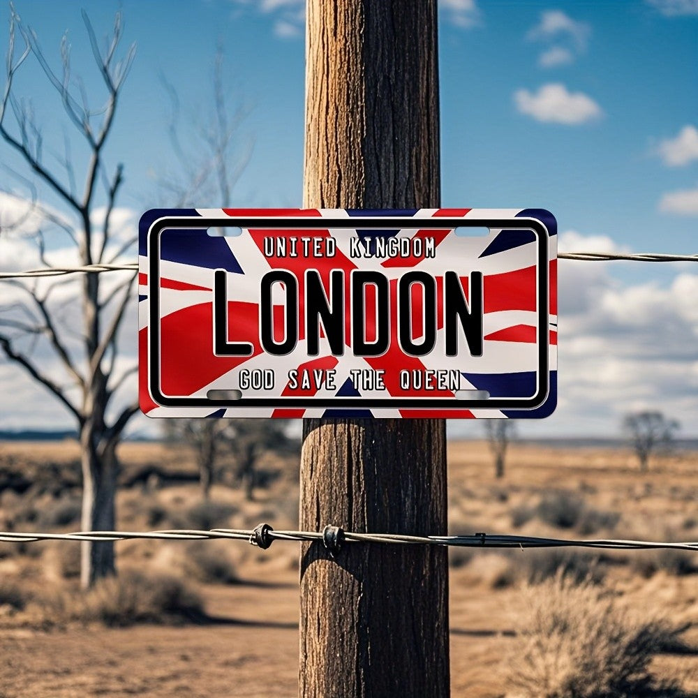 British Union Jack & God Save The Queen Metal Wall Sign - 8"x3.5" Retro London License Plate Design, Classic Garage Home Office