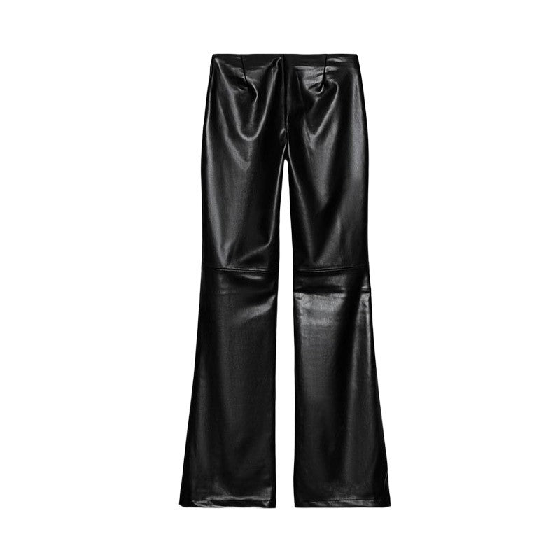 2026 New Solid Black Leather Long Pants For Women Y2K Casual Tie Up Drawstring Flared Trousers Female Chic Street Bell-bottoms