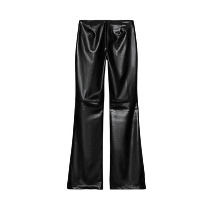 2026 New Solid Black Leather Long Pants For Women Y2K Casual Tie Up Drawstring Flared Trousers Female Chic Street Bell-bottoms