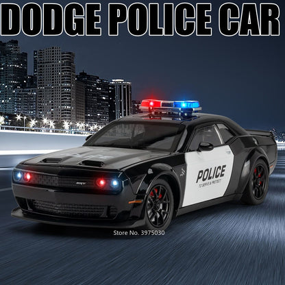 1:24 Dodge Challenger SRT Hellcat Modelo de Carro de Polícia de Brinquedo Pneu de Borracha Carro em Miniatura Puxar para Trás Luz Música Veículo Meninos Adultos Presentes