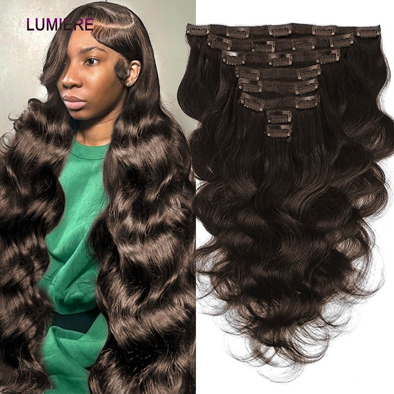 #2 Chocolate Brown Clip in Hair Extensions Real Human Hair Clip ins Double Weft Body Wave Clip ins for Women 8pcs 10-26 Inches