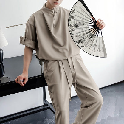 INCERUN Men Sets Solid Color Pleated Shirt & Pants Two Pieces Sets Loose Streetwear 2025 Fashion Men's Casual Suits S-5XL