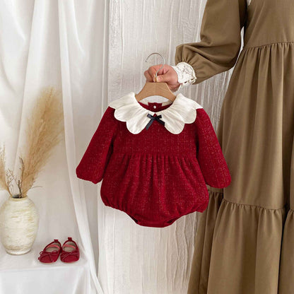Newborn Christmas Red Clothes Autumn Kids Baby Girls Sweet Petal Collar Princess Rompers Infant New Baby Girls Rompers Clothes
