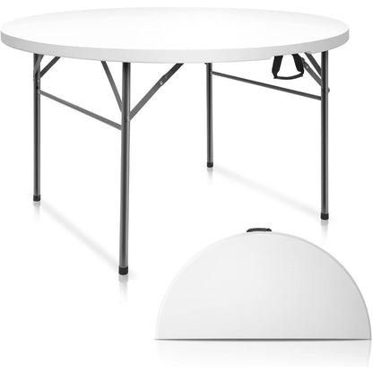 White 48 Round Bi-Folding Commercial Table, 4 Feet Portable Plastic Dining Card Table for Kitchen or Outdoor Party Weddin