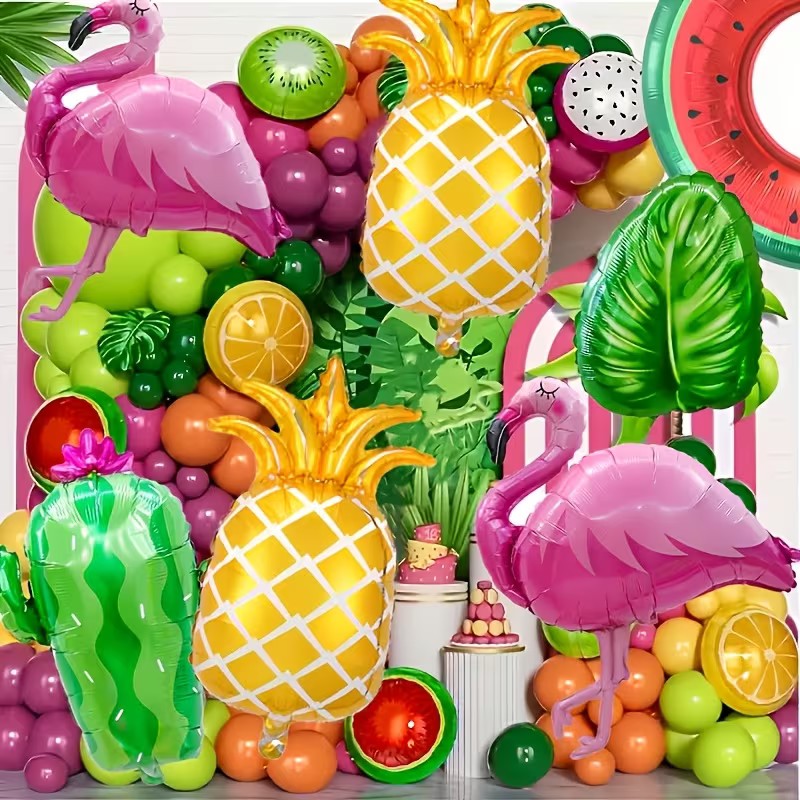 7pcs Hawaiian Pie Decoration Balloon Set, including oversized flamingo balloons, palm leaf pineapple watermelon balloons, Hawaii