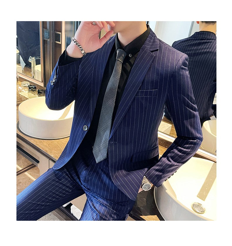 Men's Fashion High-Quality Slim Fit Two-Piece Suit Set Spring Autumn Stripes Business Casual Trousers And Jacket Combo