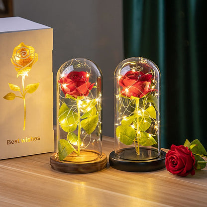 Artificial Rose Flowers Eternal Rose LED Light Foil Flower in Glass Cover Simulation Rose Flower Christmas Teachers' Day Gifts