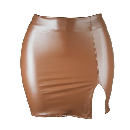 2025 Women Leather Night Clubwear Skirts Summer Pure Color PU-leather Zipper Sexy Hip Leather Mini Skirts