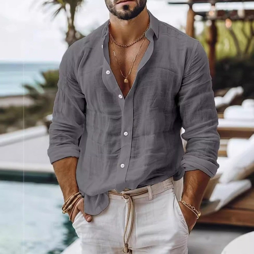 Men's Solid Color Cotton Linen Blend Breathable Sweat Absorbing Easy to Maintain Long Sleeved Shirt Business Casual Slim Fit