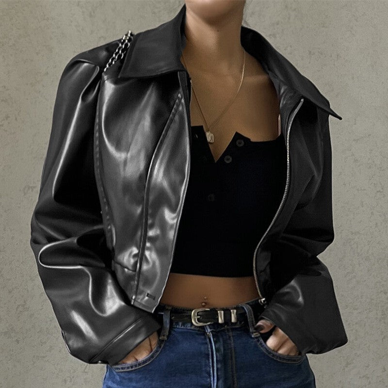 2025 Fashion Faux Leather Jacket Aesthetic Fashion Streetwear Turn-down Collar Coat Women Autumn Casual Simple Long Sleeve Coats