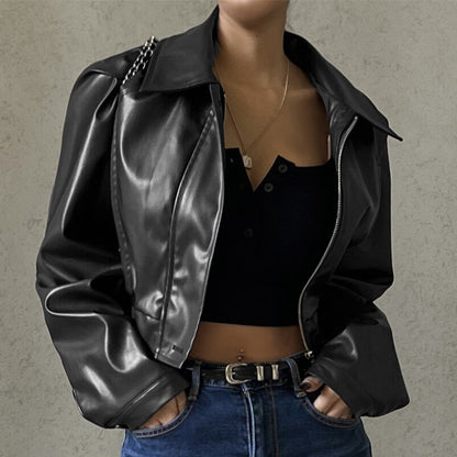 2025 Fashion Faux Leather Jacket Aesthetic Fashion Streetwear Turn-down Collar Coat Women Autumn Casual Simple Long Sleeve Coats