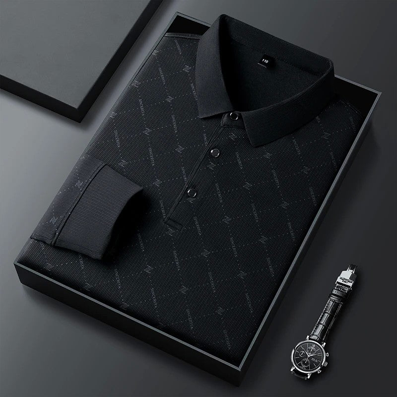New Men's Business Casual Long Sleeved Shirt with Badge Solid Color Polo Shirt Fashionable Breathable Comfortable Versatile Top