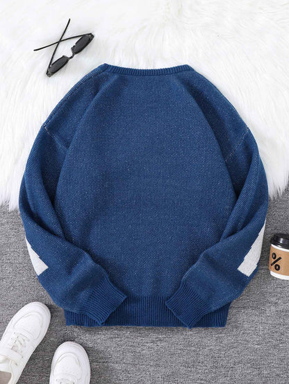 New Popular Spring Autumn Graffiti Jacquard Pattern Pullover Sweater Casual Round Neck Contrast Color Knitted Men's Pullover