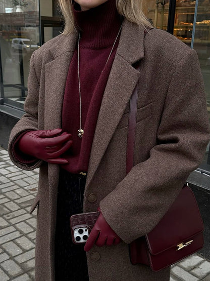 Women Elegant Shoulder Pad Wool Blend Overcoat Brown Lapel Single-breasted Long Sleeve Coat 2025 Autumn Lady Commuter Outerwear