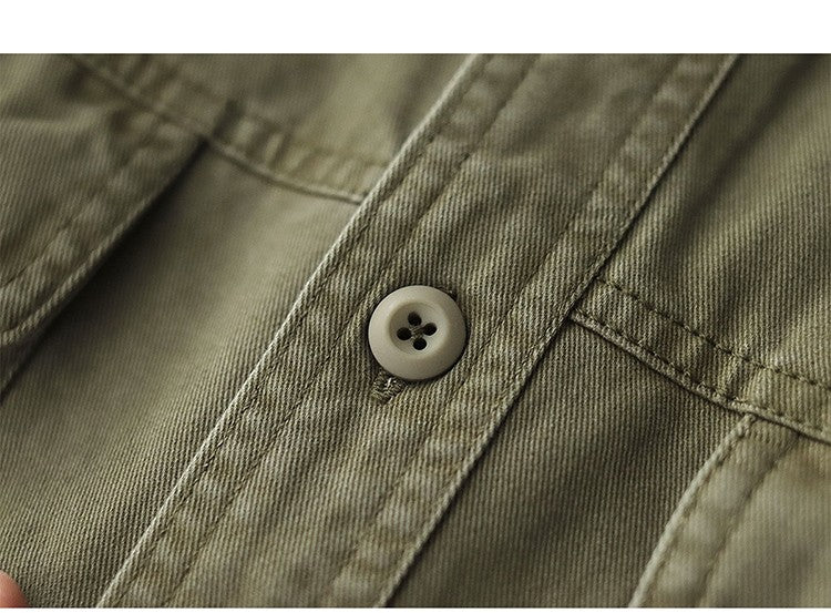 2025 Spring New American Retro Heavyweight Woven Cargo Shirt Men's Simple 100% Cotton Washed Double Pocket Blousers Loose Caot