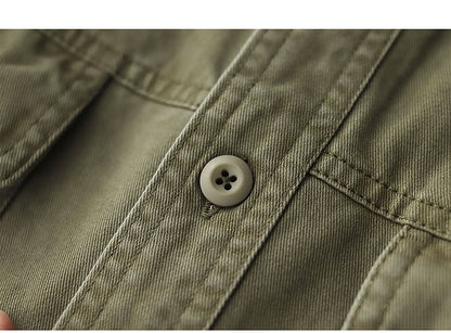 2025 Spring New American Retro Heavyweight Woven Cargo Shirt Men's Simple 100% Cotton Washed Double Pocket Blousers Loose Caot