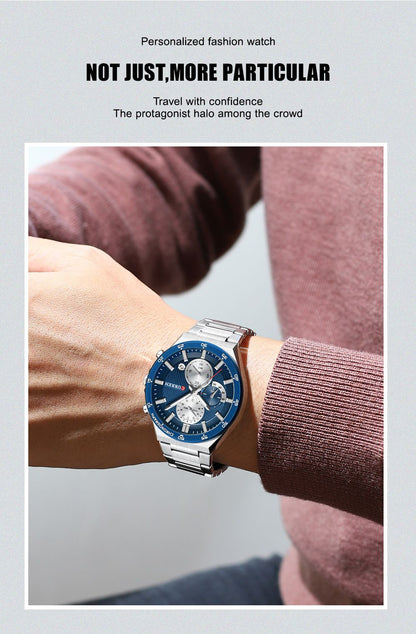 CURREN Classic 43mm Men's Watch Chronogrph Quartz Wristwatch with Stainless Steel Band Luminous Hands Auto Date