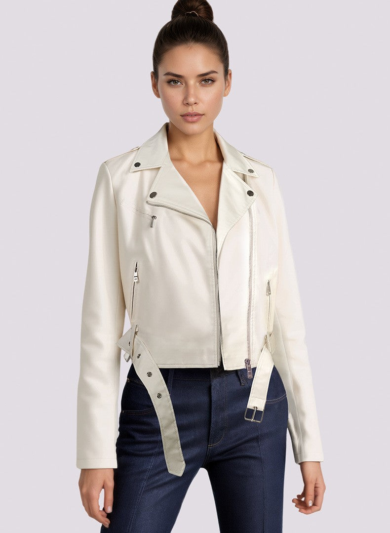 Women's Bright Red Long-sleeve PU Jacket, Lapel Collar Black Short Faux Leather Coat, Available in Dark Brown or Beige.