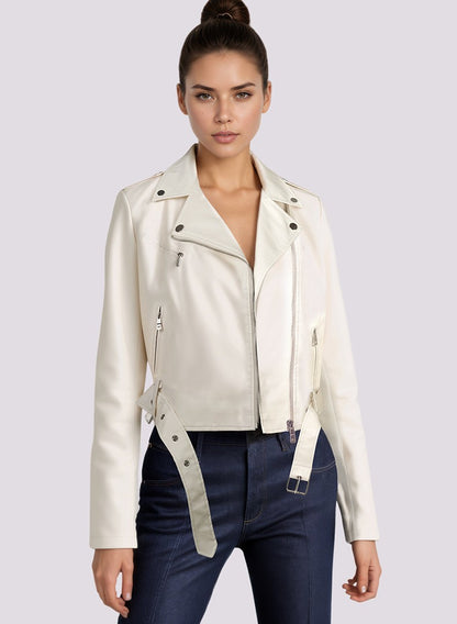 Women's Bright Red Long-sleeve PU Jacket, Lapel Collar Black Short Faux Leather Coat, Available in Dark Brown or Beige.