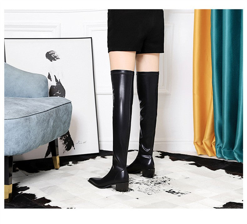 2024 New Autumn Women's Pointed Toe Boots Over-the-Knee Sewing Slip On PU Leather Square Heel Street Style Shoes Black