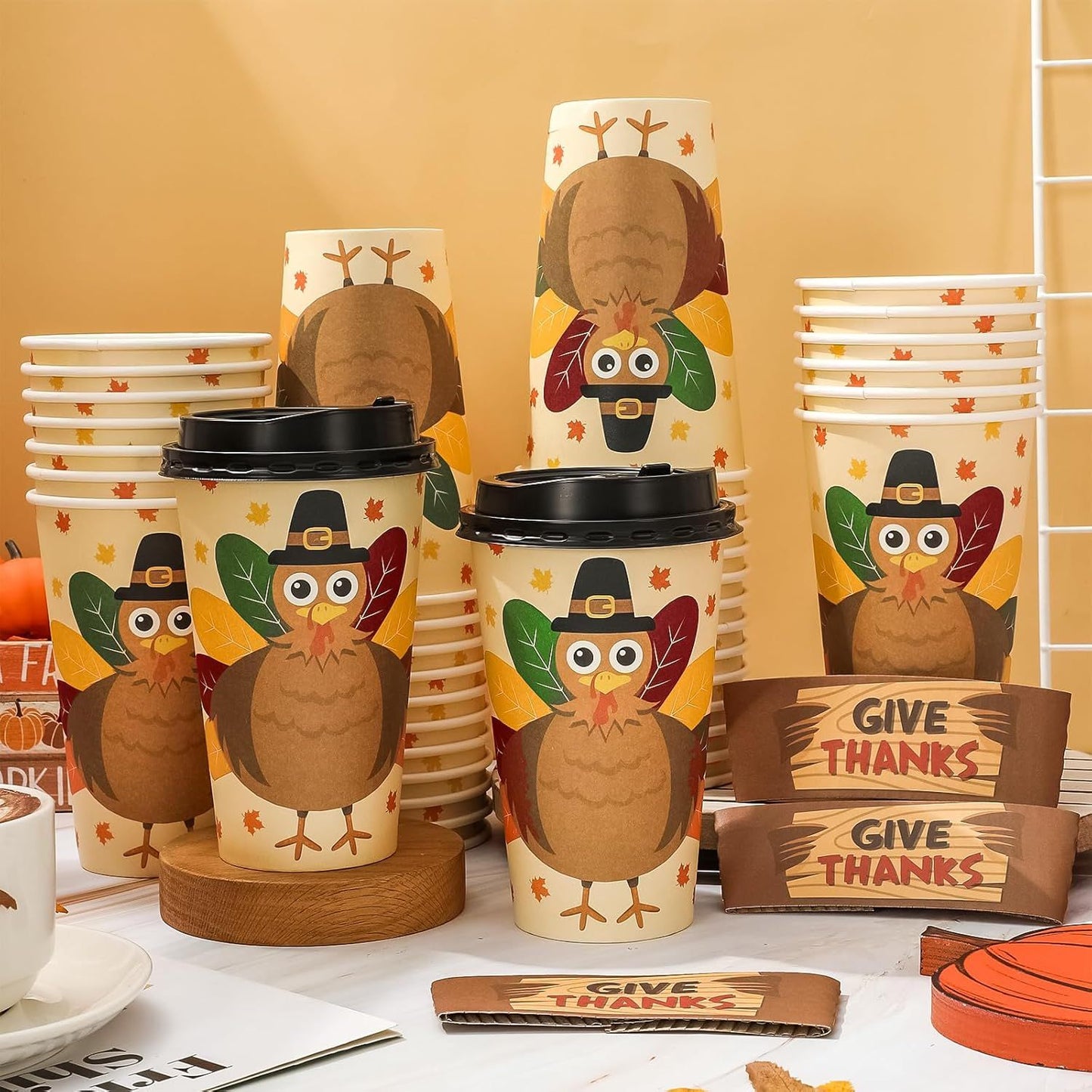 48 Set Fall Thanksgiving Disposable Coffee Cups with Lids and Sleeves Turkey Maple Paper Cups Give Thanks Drinking Cups