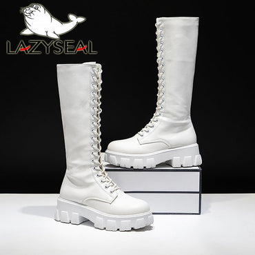 LazySeal Winter Long Boot Shoes Women White Lace Up Zip Height Increasing Pu Leather Shoes Plush Botas Mujer Big Size 43