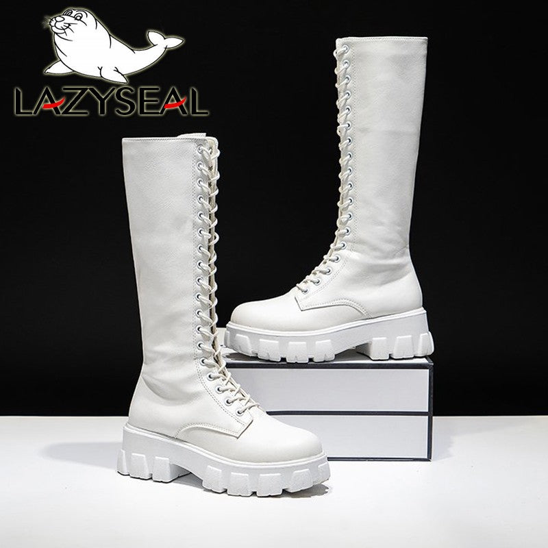LazySeal Winter Long Boot Shoes Women White Lace Up Zip Height Increasing Pu Leather Shoes Plush Botas Mujer Big Size 43