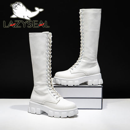 LazySeal Winter Long Boot Shoes Women White Lace Up Zip Height Increasing Pu Leather Shoes Plush Botas Mujer Big Size 43