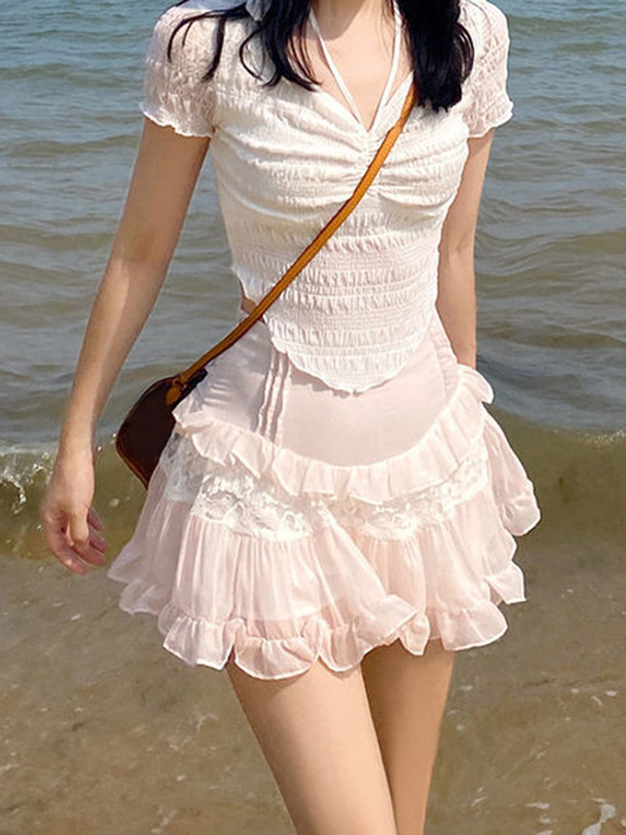 Women Ruffle Hem Skirts Summer Mini A-Line Skirts Fashion High Waist Lace Y2K Students Casual Summer Pink Skirts Outfits