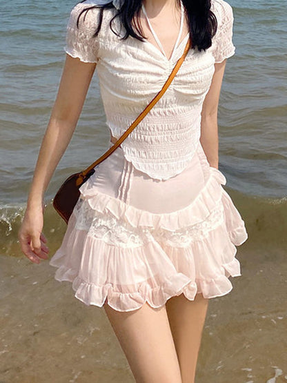 Women Ruffle Hem Skirts Summer Mini A-Line Skirts Fashion High Waist Lace Y2K Students Casual Summer Pink Skirts Outfits